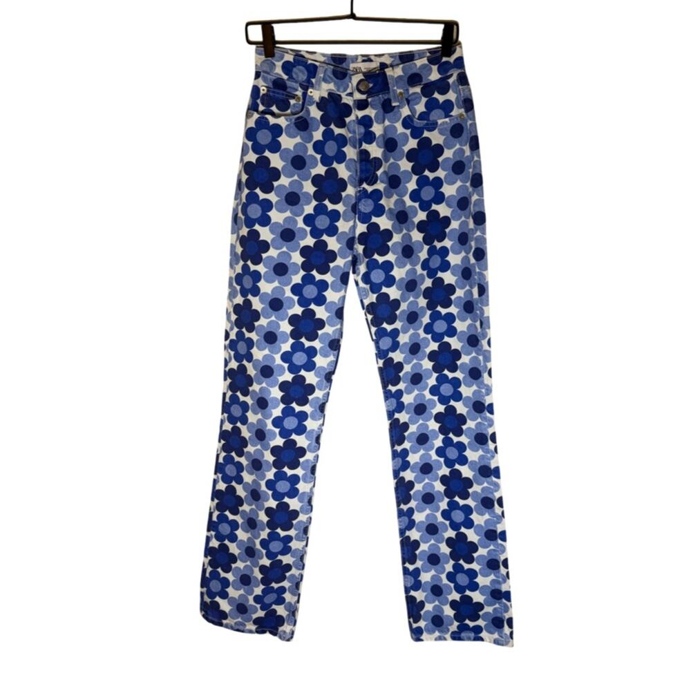 Zara Blue Floral Print Wide Leg Jeans Y2K Retro Cotton Denim 4 - Picture 2 of 8